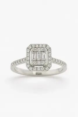 Baget Kesim 0.32 Ct Pırlanta Yüzük – 14 Ayar Beyaz Altın JTR Güvencesiyle - 1